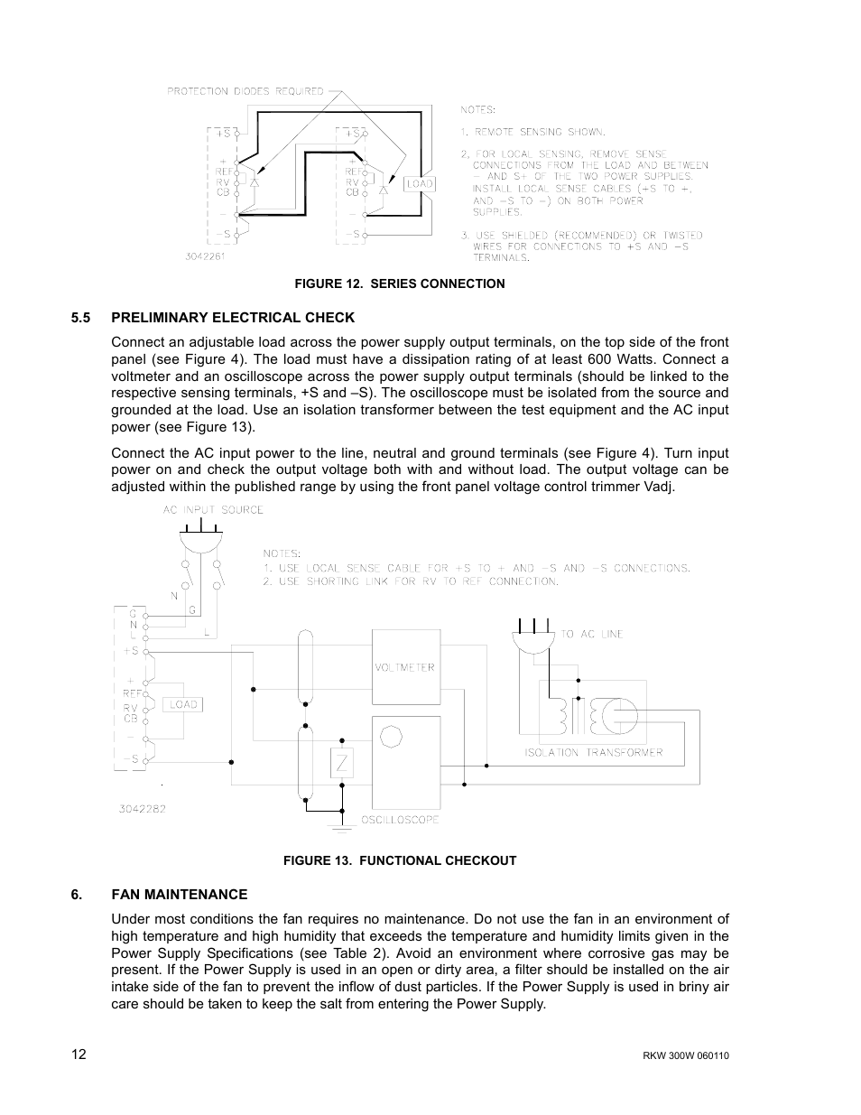 Figure 12. series connection, 5 preliminary electrical check, Figure 13. functional checkout | Fan maintenance, 5 preliminary electrical check 6. fan maintenance, Series connection, Functional checkout | KEPCO RKW 300W Series Operator Manual User Manual | Page 14 / 16