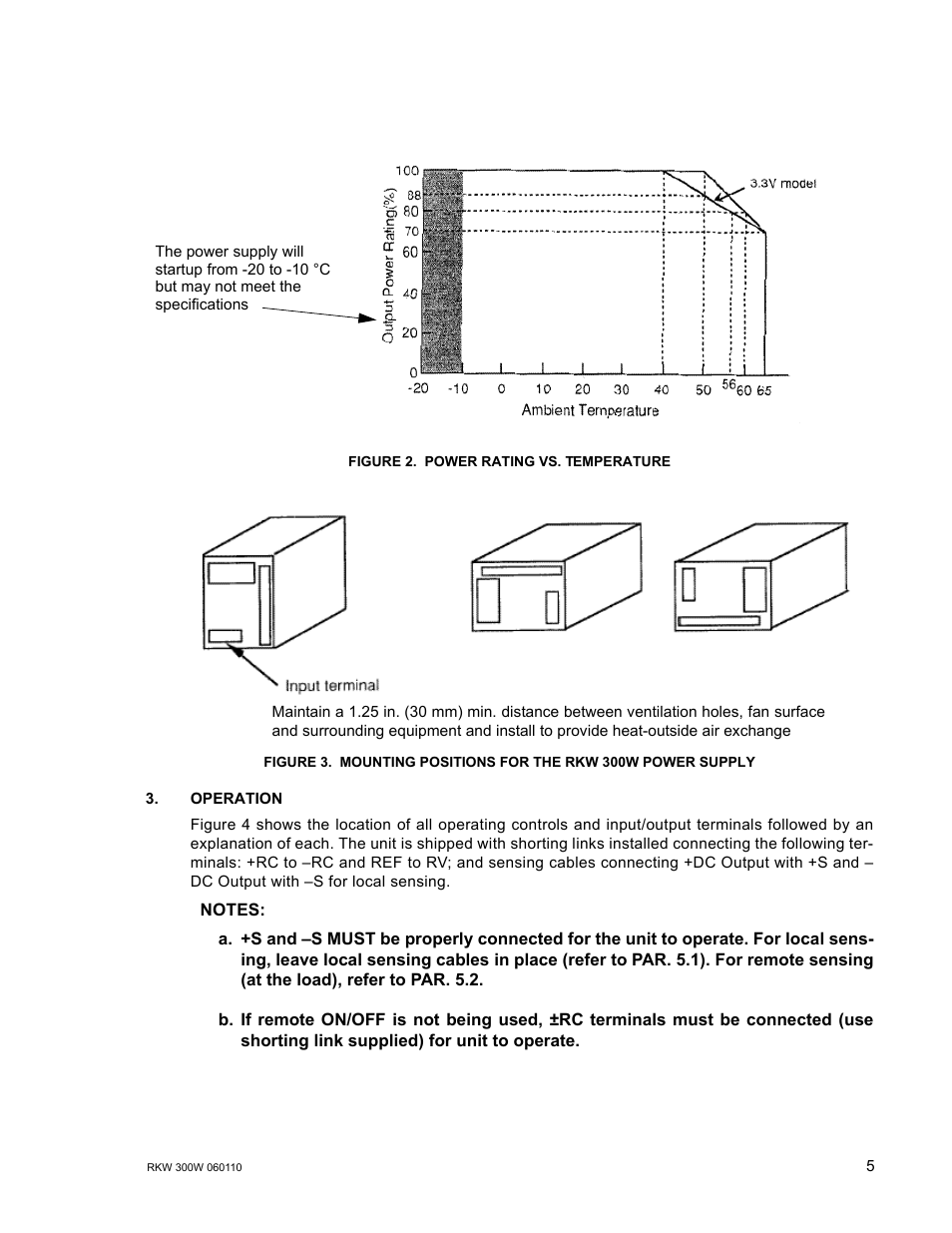 Figure 2. power rating vs. temperature, Operation, Power rating vs. temperature | Mounting positions for the rkw 300w power supply | KEPCO RKW 300W Series Operator Manual User Manual | Page 7 / 16