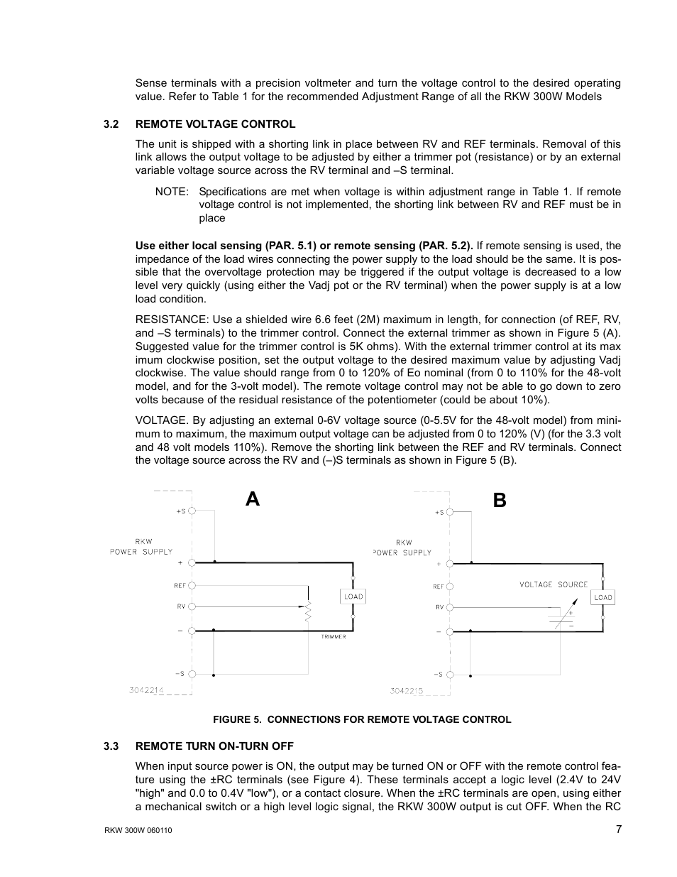 2 remote voltage control, Figure 5. connections for remote voltage control, 3 remote turn on-turn off | Connections for remote voltage control, R. 3.2), R. 3.3) | KEPCO RKW 300W Series Operator Manual User Manual | Page 9 / 16