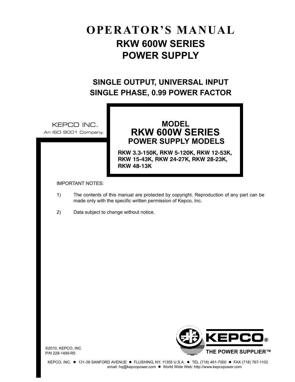 KEPCO RKW 600W Series Operator Manual User Manual | 16 pages