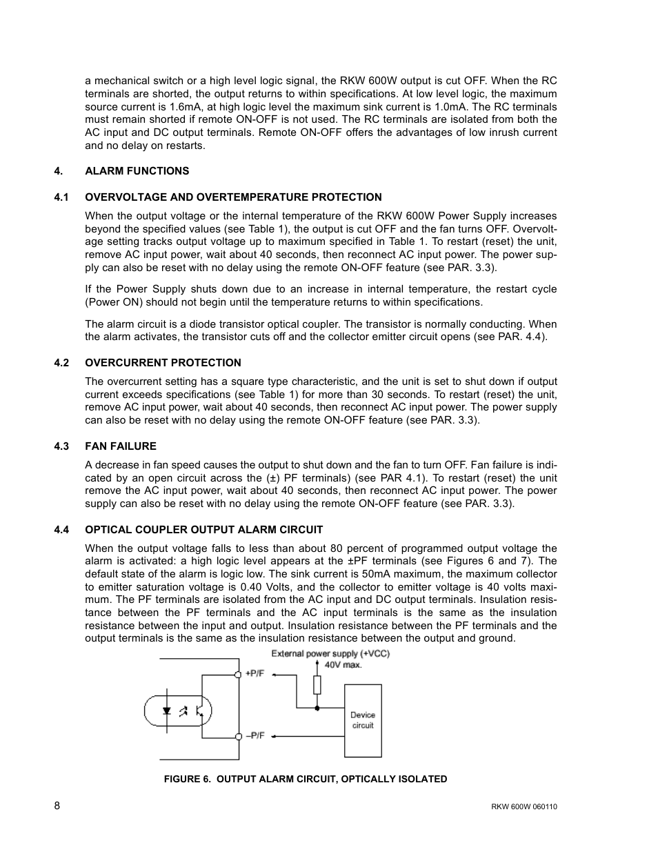 Alarm functions, 1 overvoltage and overtemperature protection, 2 overcurrent protection | 3 fan failure, 4 optical coupler output alarm circuit, Figure 6. output alarm circuit, optically isolated, Alarm functions 4.1, Overvoltage and overtemperature protection, Overcurrent protection, Fan failure | KEPCO RKW 600W Series Operator Manual User Manual | Page 10 / 16