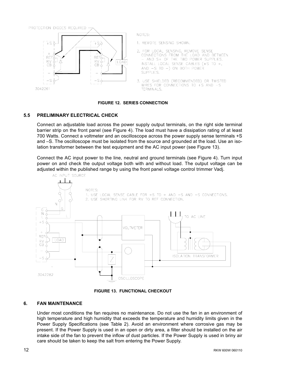 Figure 12. series connection, 5 preliminary electrical check, Figure 13. functional checkout | Fan maintenance, Preliminary electrical check, Series connection, Functional checkout | KEPCO RKW 600W Series Operator Manual User Manual | Page 14 / 16