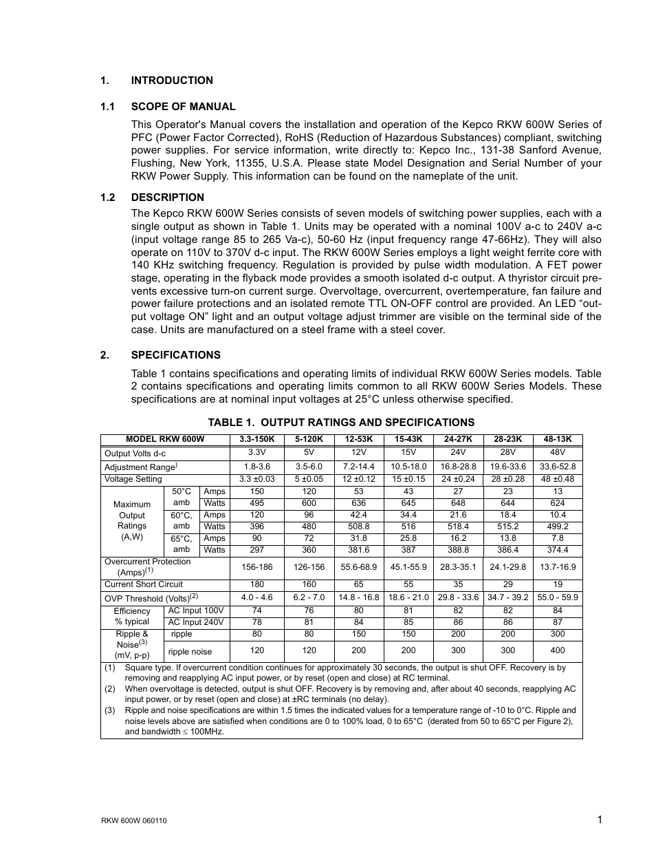 Introduction, 1 scope of manual, 2 description | Specifications, Table 1. output ratings and specifications, Introduction 1.1, Scope of manual, Description, Output ratings and specifications | KEPCO RKW 600W Series Operator Manual User Manual | Page 3 / 16