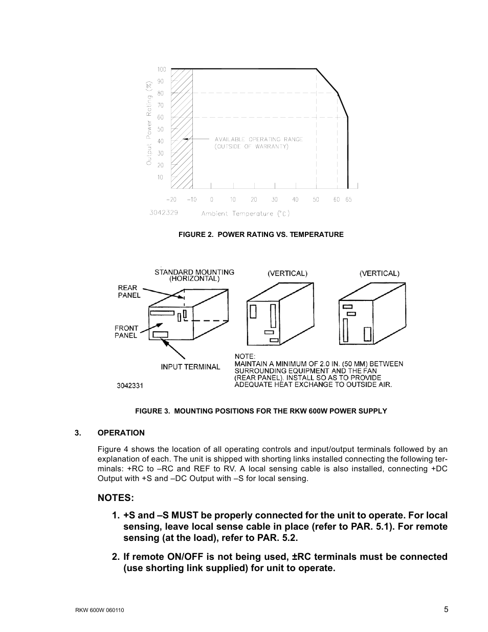 Figure 2. power rating vs. temperature, Operation, Power rating vs. temperature | Mounting positions for the rkw 600w power supply, Re 2 | KEPCO RKW 600W Series Operator Manual User Manual | Page 7 / 16