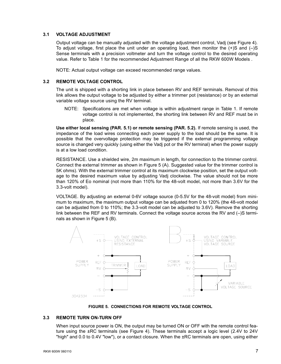 1 voltage adjustment, 2 remote voltage control, Figure 5. connections for remote voltage control | 3 remote turn on-turn off, Voltage adjustment, Remote voltage control, Remote turn on-turn off, Connections for remote voltage control, R. 3.2), R. 3.3) | KEPCO RKW 600W Series Operator Manual User Manual | Page 9 / 16