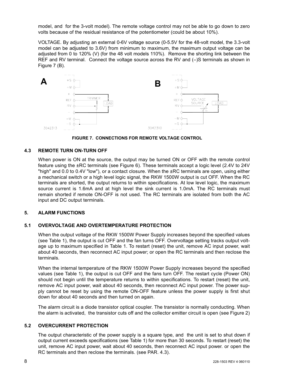 Figure 7. connections for remote voltage control, 3 remote turn on-turn off, 1 overvoltage and overtemperature protection | 2 overcurrent protection, Connections for remote voltage control, Re 7 (a), R. 4.3), Ba a | KEPCO RKW 1500W Series Operator Manual User Manual | Page 10 / 16