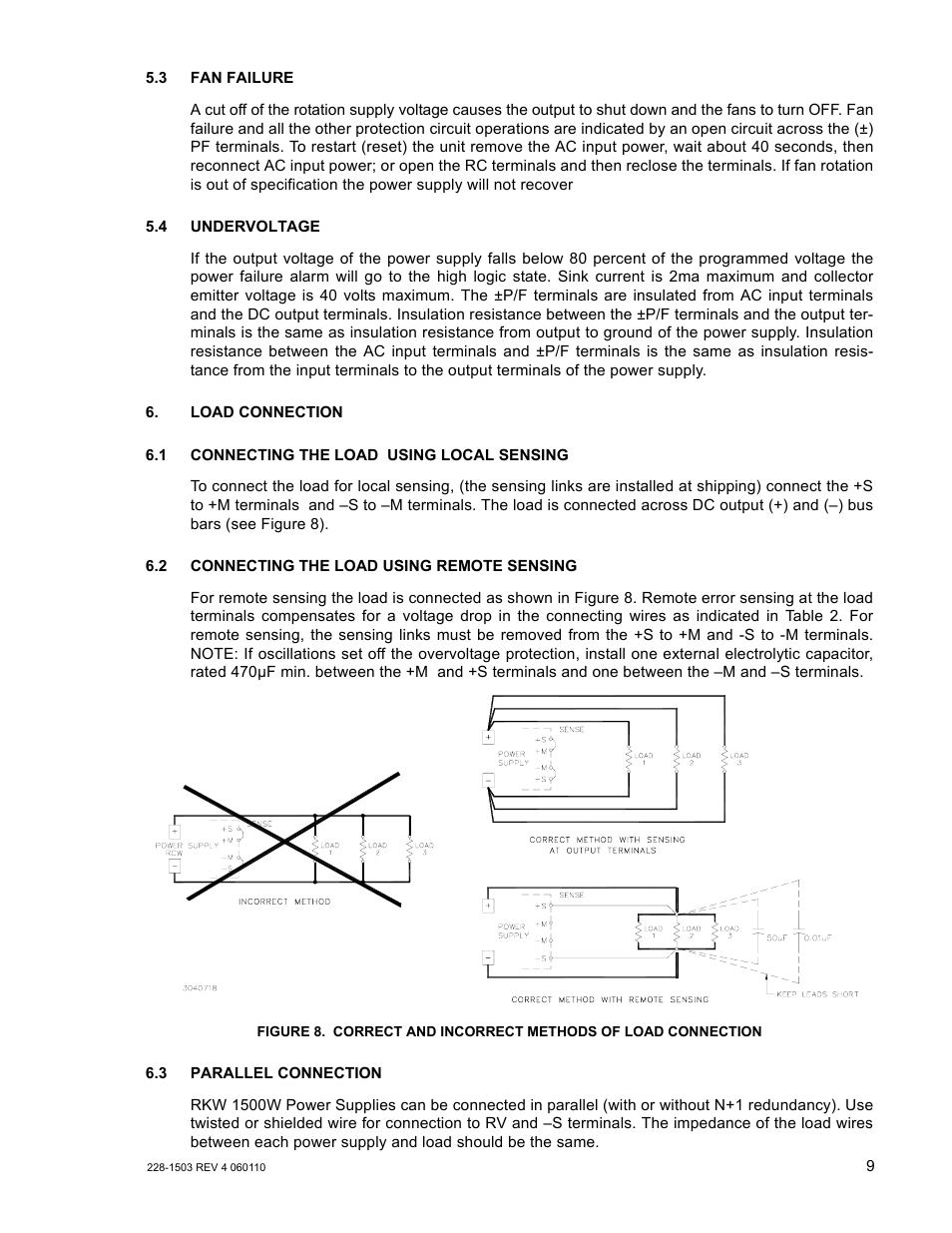 3 fan failure, 4 undervoltage, 1 connecting the load using local sensing | 2 connecting the load using remote sensing, 3 parallel connection, Correct and incorrect methods of load connection, R. 6.1). for, E 8), R. 6.3), R. 6.2 for | KEPCO RKW 1500W Series Operator Manual User Manual | Page 11 / 16