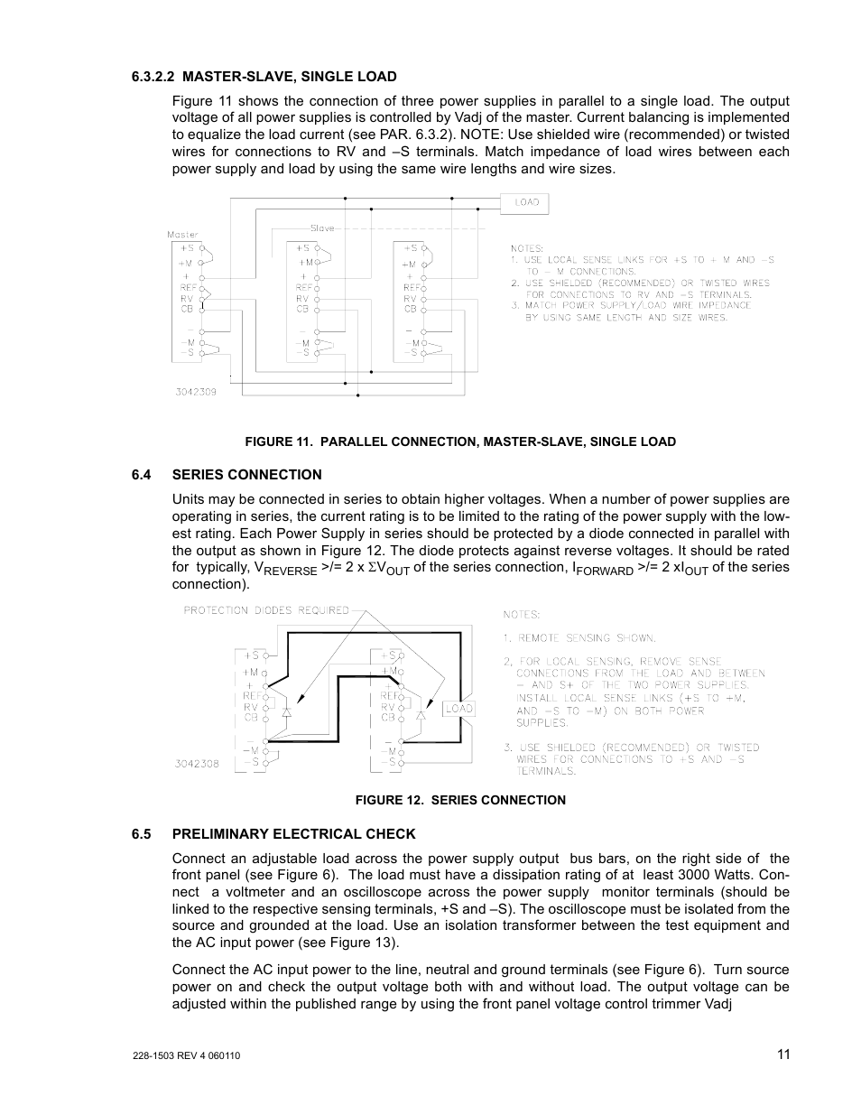4 series connection, Figure 12. series connection, 5 preliminary electrical check | Parallel connection, master-slave, single load, Series connection | KEPCO RKW 1500W Series Operator Manual User Manual | Page 13 / 16