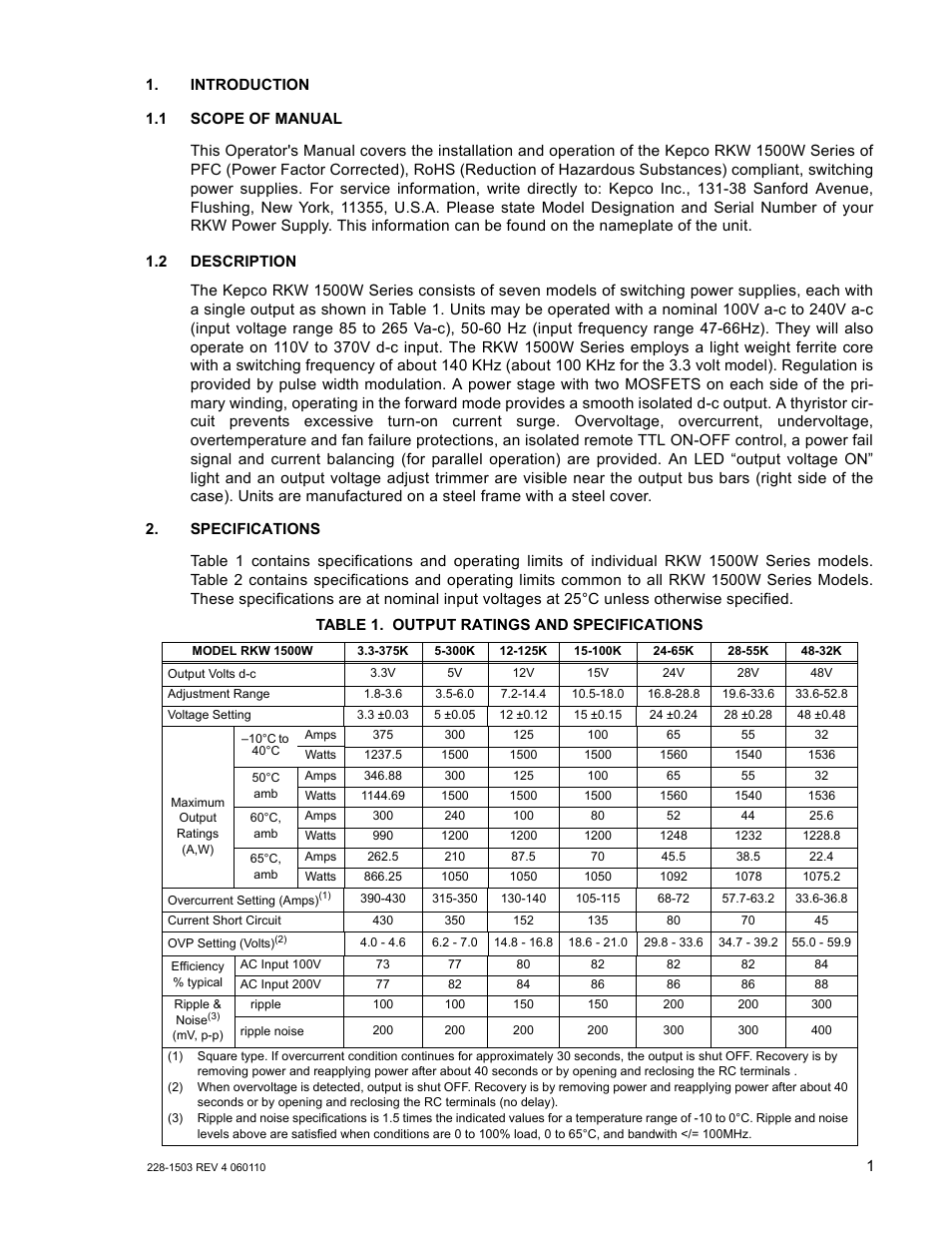 1 scope of manual, 2 description, Table 1. output ratings and specifications | KEPCO RKW 1500W Series Operator Manual User Manual | Page 3 / 16