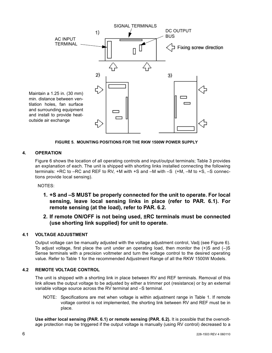 1 voltage adjustment, 2 remote voltage control, Mounting positions for the rkw 1500w power supply | KEPCO RKW 1500W Series Operator Manual User Manual | Page 8 / 16
