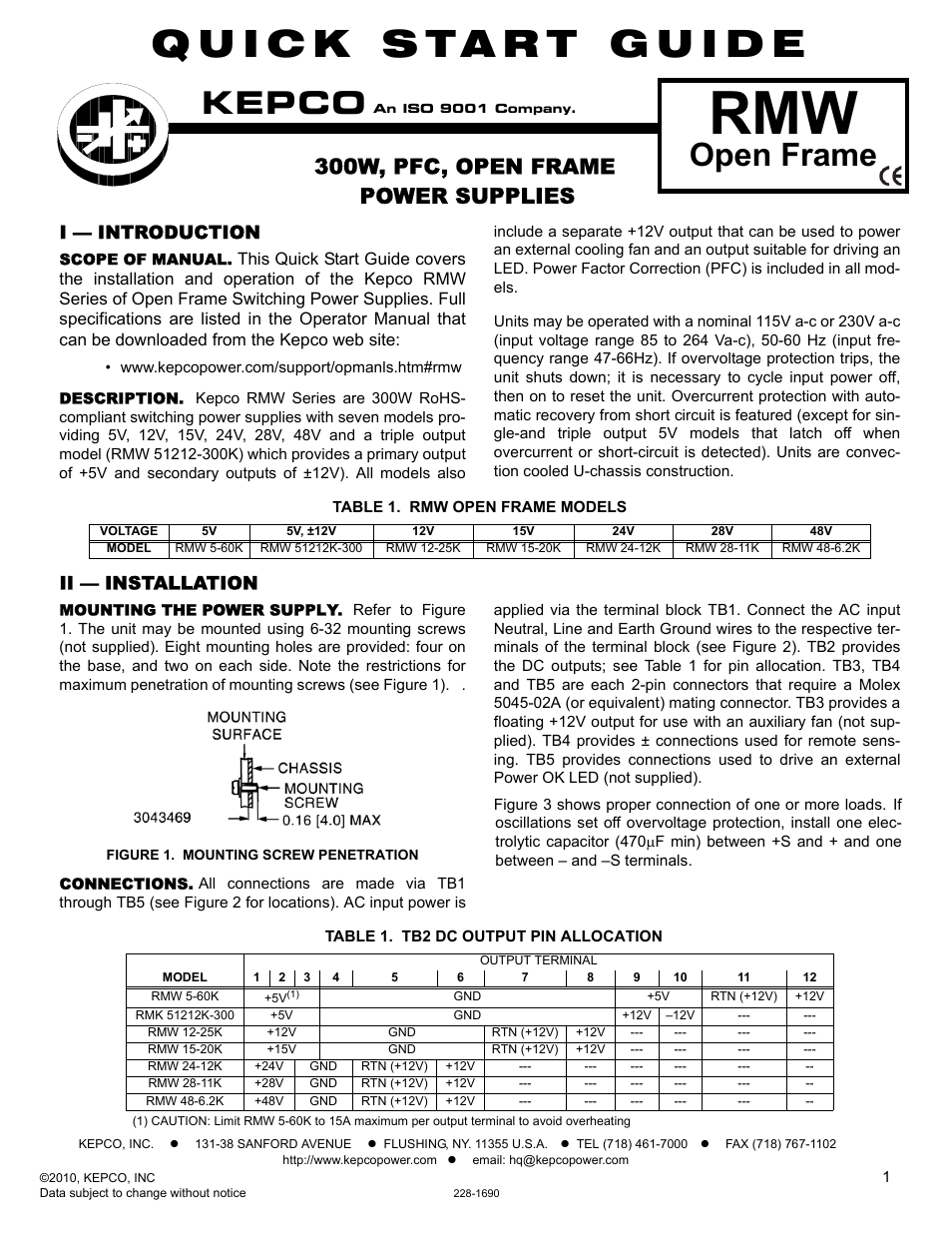 KEPCO RMW 300W Series Quick Start Guide User Manual | 2 pages