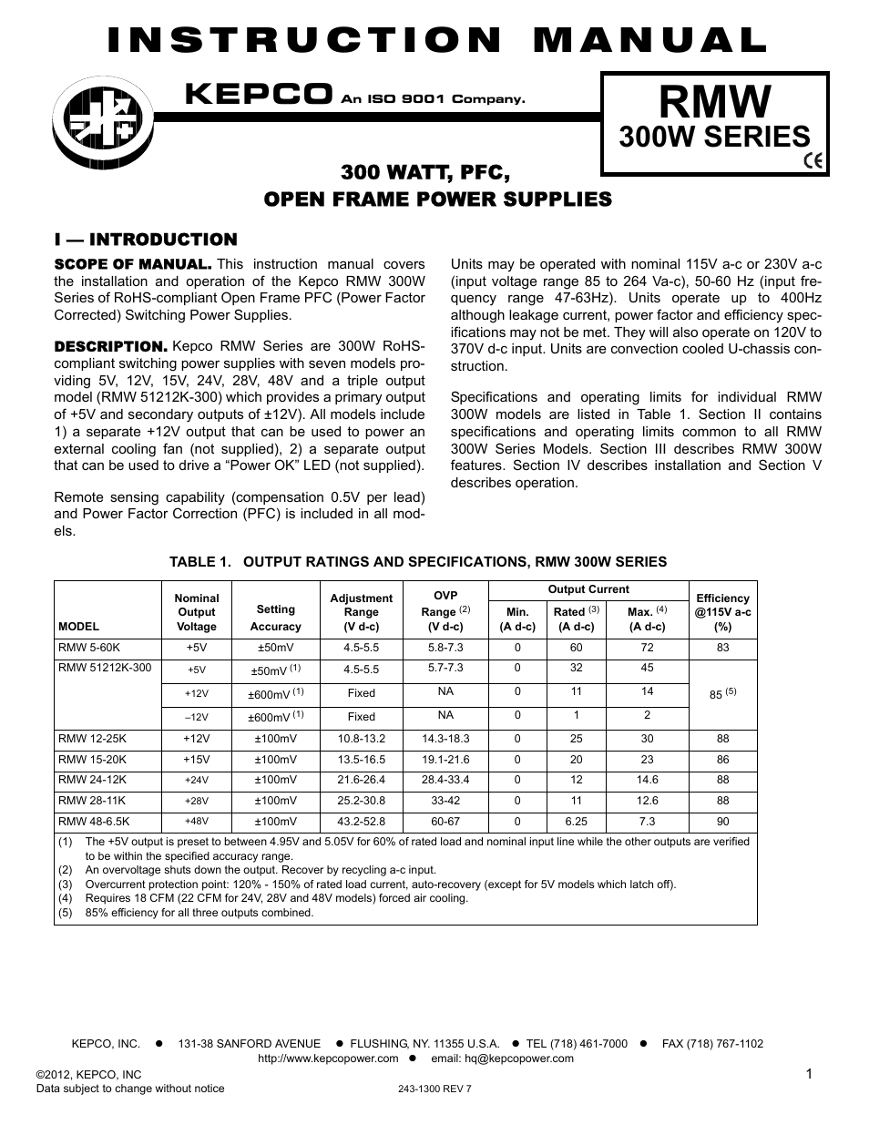 KEPCO RMW 300W Series Operator Manual User Manual | 5 pages