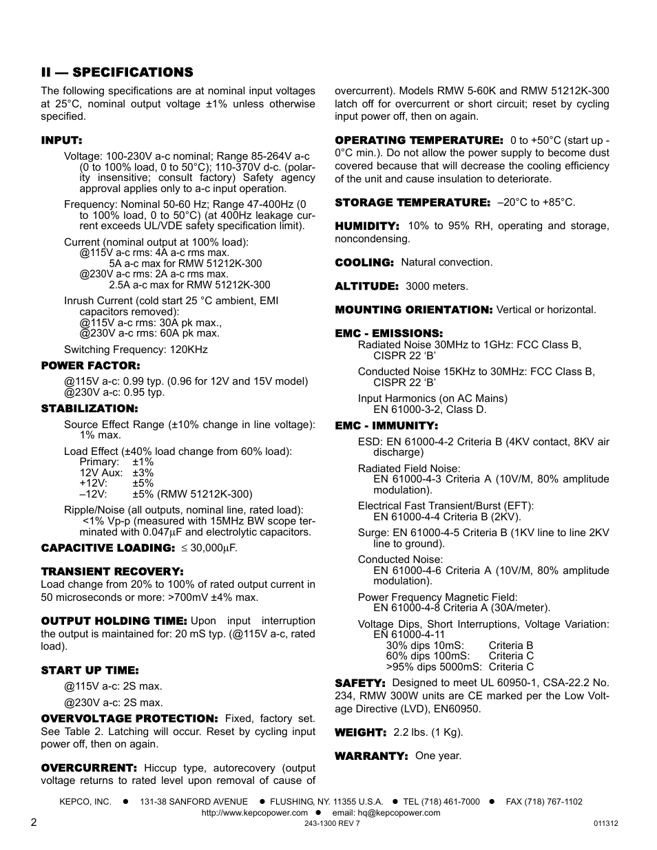 Ii — specifications, Input, Power factor | Stabilization, Capacitive loading, Transient recovery, Output holding time, Start up time, Overvoltage protection, Overcurrent | KEPCO RMW 300W Series Operator Manual User Manual | Page 2 / 5