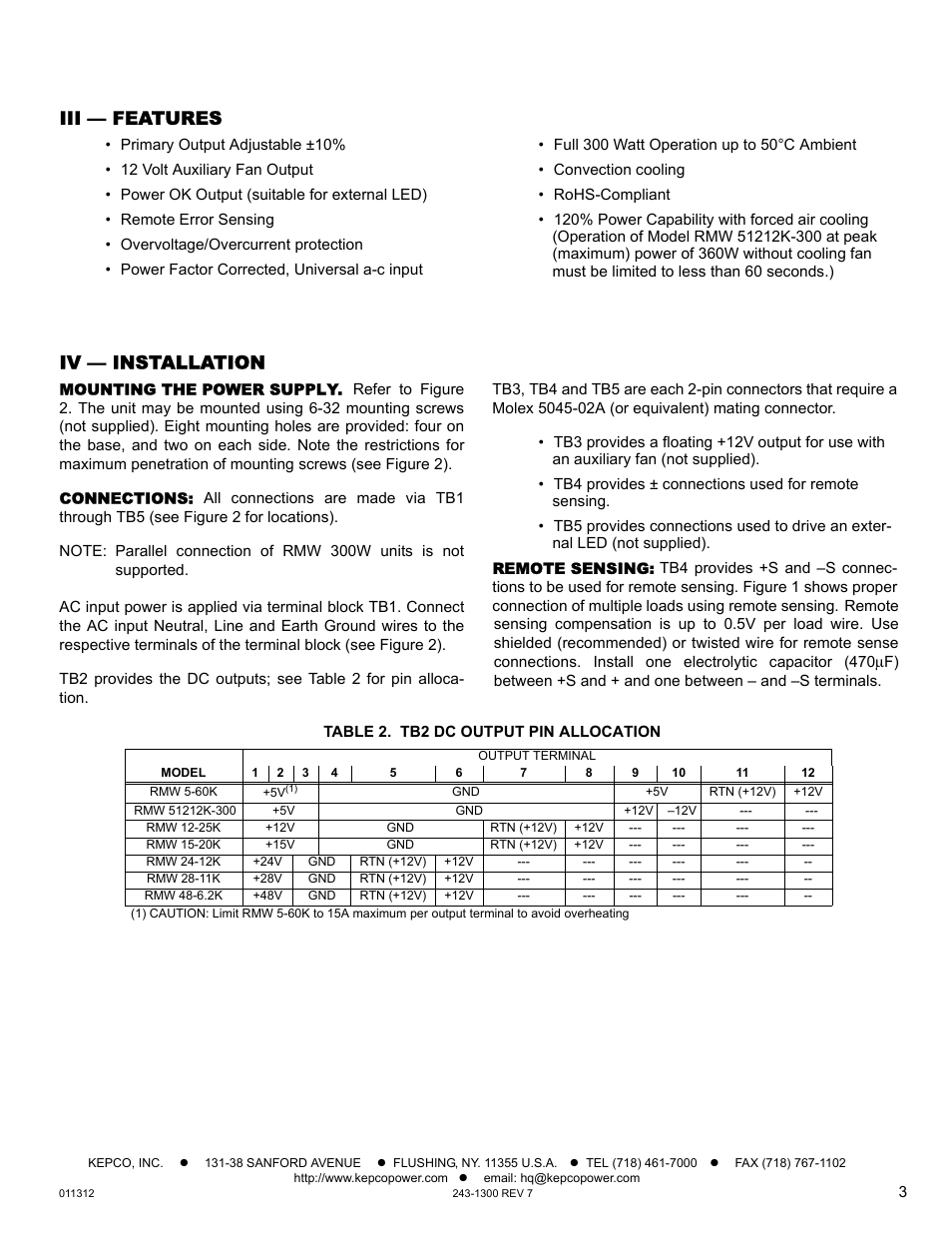 Iii — features, Iv — installation, Mounting the power supply | Connections, Remote sensing, Table 2. tb2 dc output pin allocation, N iii, Section iv de | KEPCO RMW 300W Series Operator Manual User Manual | Page 3 / 5