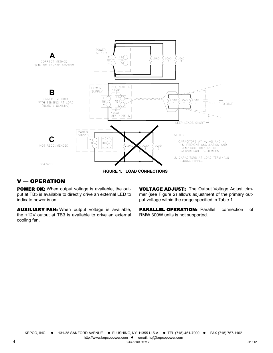 Figure 1. load connections, V — operation, Power ok | Auxiliary fan, Voltage adjust, Parallel operation, Ba c | KEPCO RMW 300W Series Operator Manual User Manual | Page 4 / 5