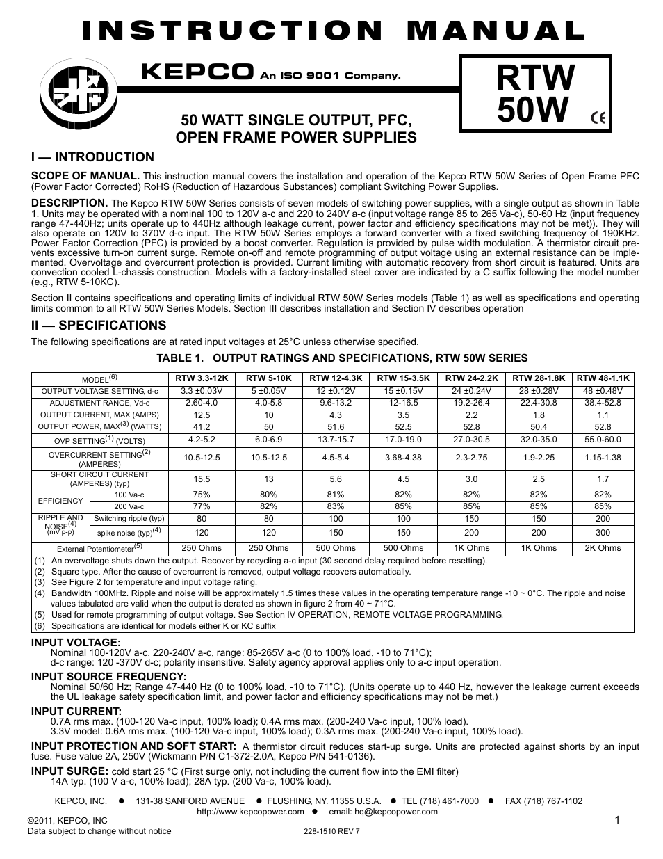 KEPCO RTW 50W User Manual | 4 pages