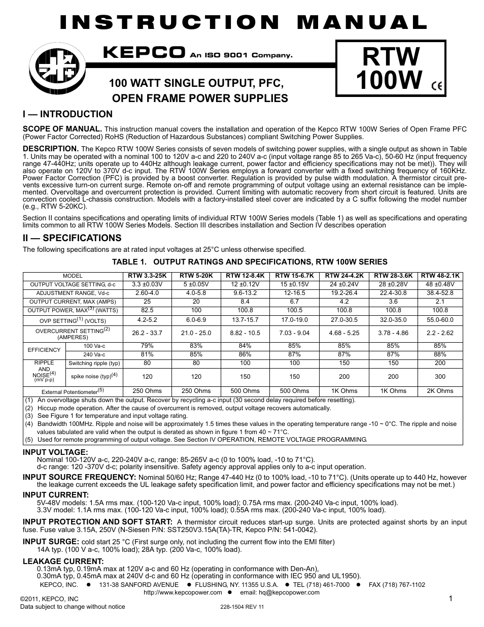 KEPCO RTW 100W User Manual | 4 pages