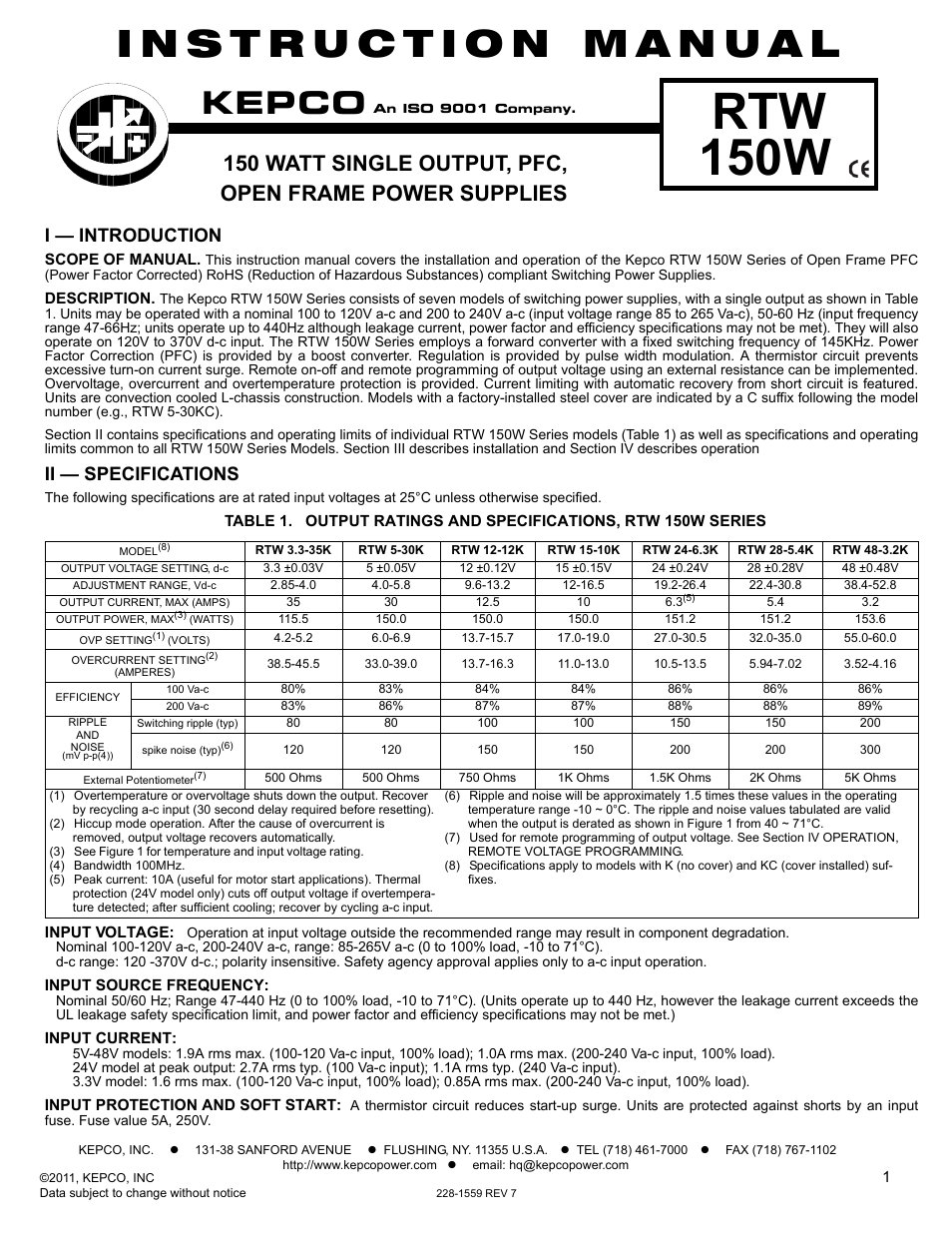 KEPCO RTW 150W User Manual | 4 pages