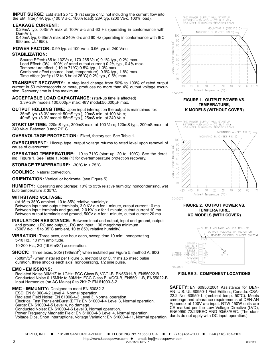 Input surge, Leakage current, Power factor | Stabilization, Transient recovery, Acceptable load capacitance, Output holding time, Start up time, Overvoltage protection, Overcurrent | KEPCO RTW 150W User Manual | Page 2 / 4