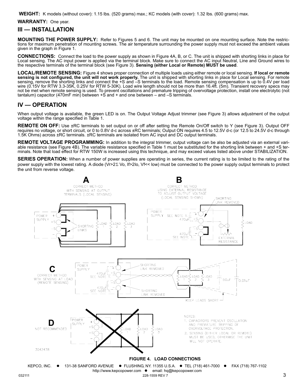 Weight, Warranty, Iii — installation | Mounting the power supply, Connections, Local/remote sensing, Iv — operation, Remote on off, Remote voltage programming, Series operation | KEPCO RTW 150W User Manual | Page 3 / 4