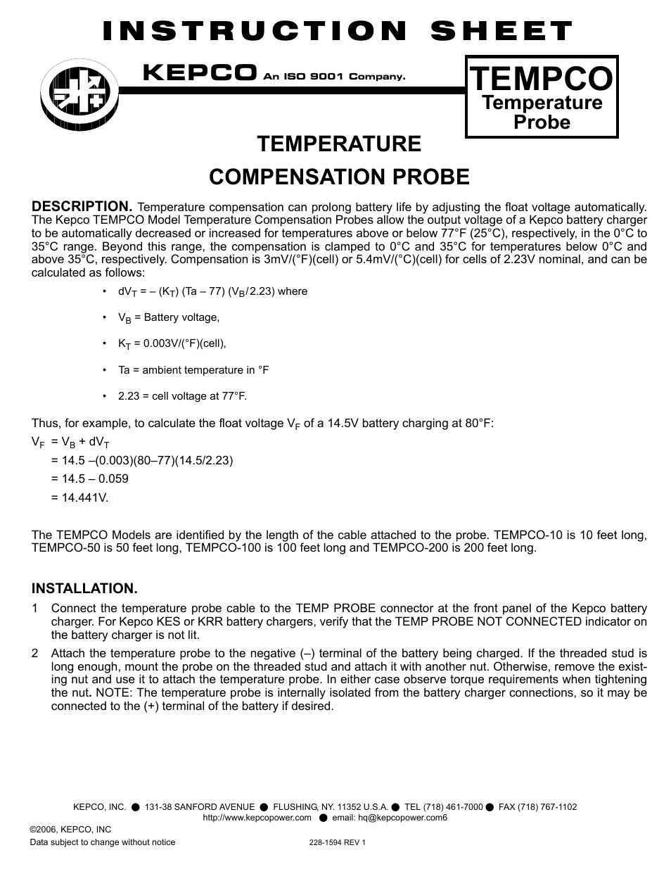 KEPCO TEMPCO Temperature Compensation Probe User Manual | 2 pages
