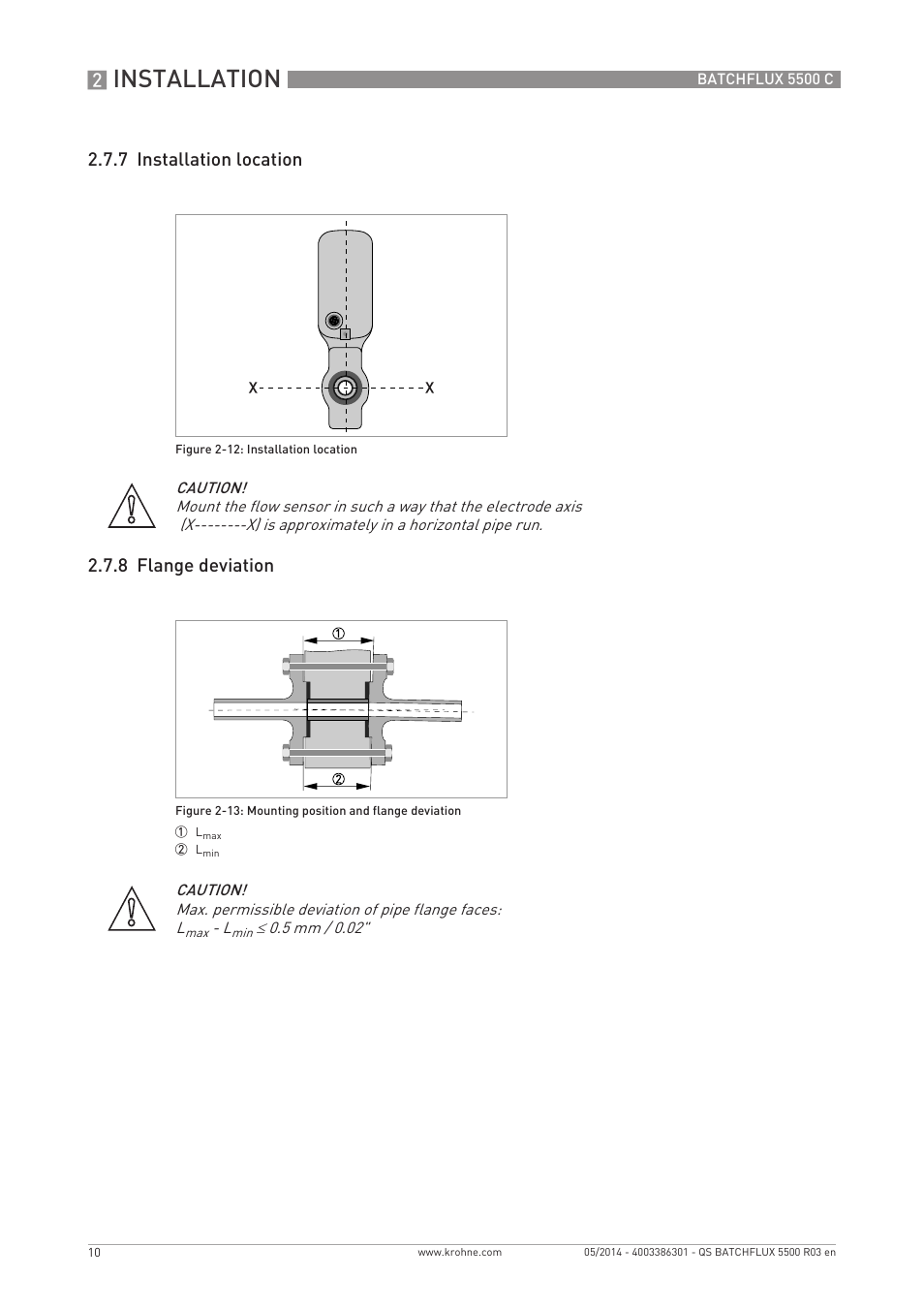 Installation, 7 installation location 2.7.8 flange deviation | KROHNE BATCHFLUX 5500 C Quickstart EN User Manual | Page 10 / 20