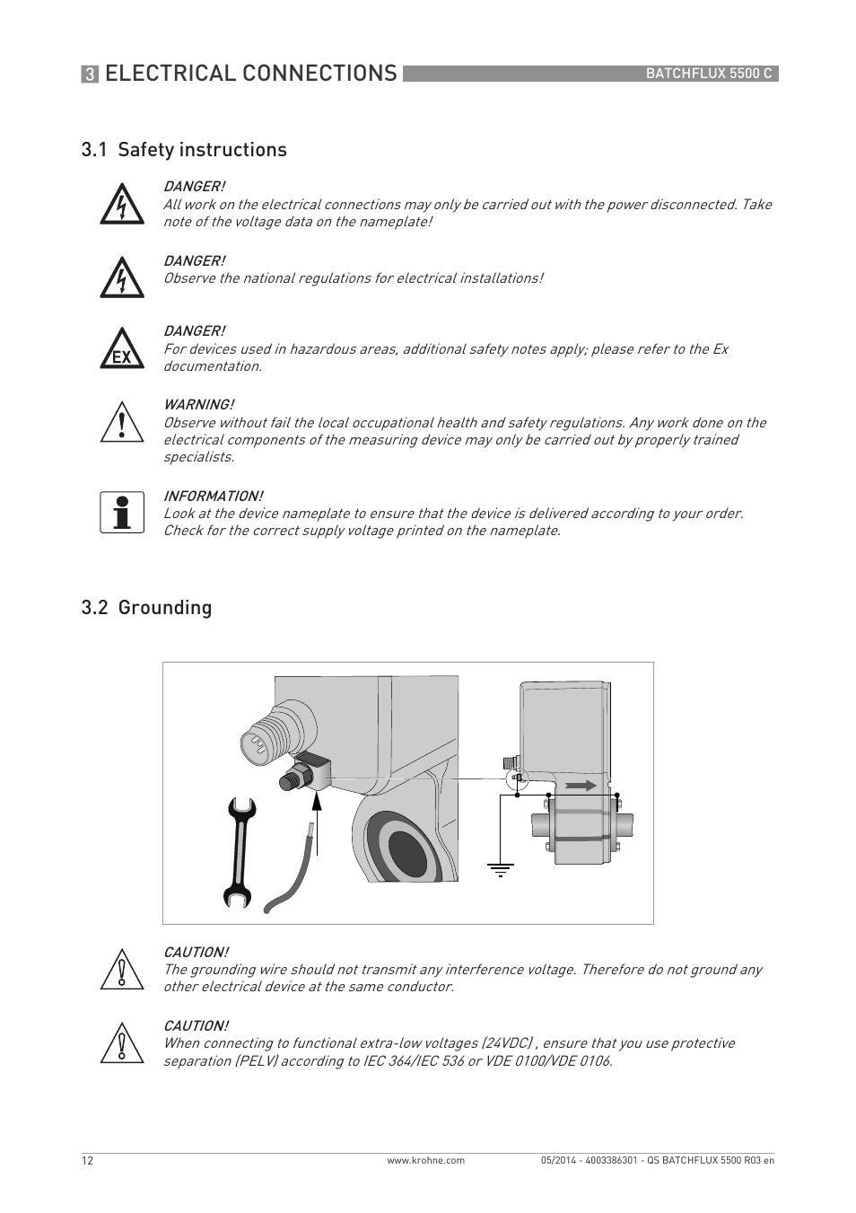 Electrical connections, 1 safety instructions 3.2 grounding | KROHNE BATCHFLUX 5500 C Quickstart EN User Manual | Page 12 / 20