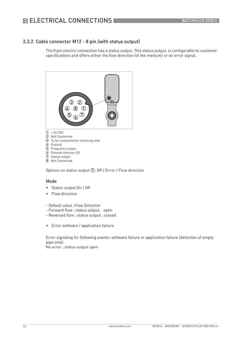 Electrical connections, 2 cable connector m12 - 8 pin (with status output) | KROHNE BATCHFLUX 5500 C Quickstart EN User Manual | Page 14 / 20