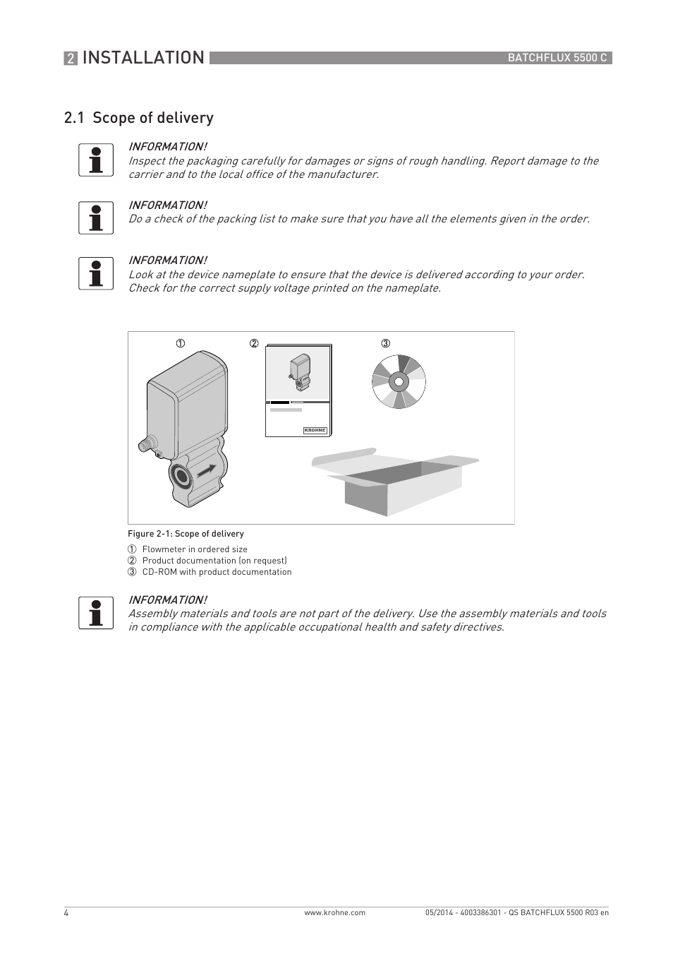 Installation, 1 scope of delivery | KROHNE BATCHFLUX 5500 C Quickstart EN User Manual | Page 4 / 20