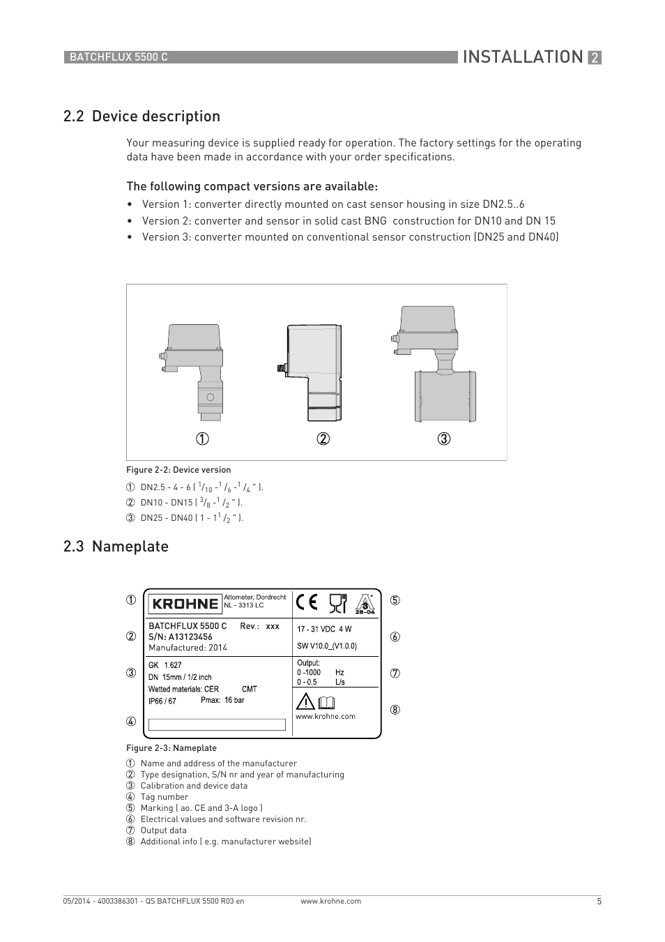 Installation, 2 device description, 3 nameplate | The following compact versions are available | KROHNE BATCHFLUX 5500 C Quickstart EN User Manual | Page 5 / 20