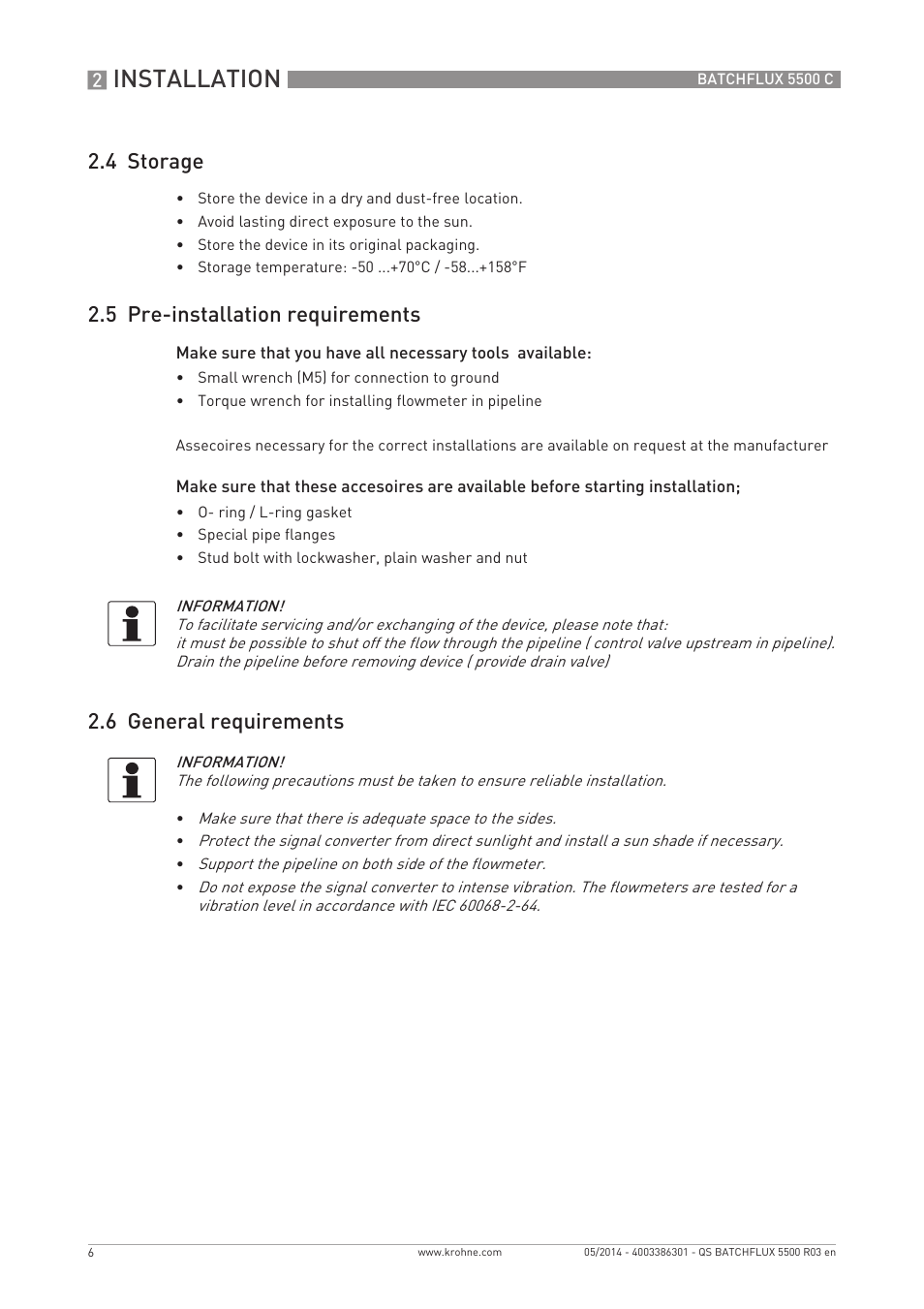 Installation, 4 storage, 5 pre-installation requirements | 6 general requirements | KROHNE BATCHFLUX 5500 C Quickstart EN User Manual | Page 6 / 20