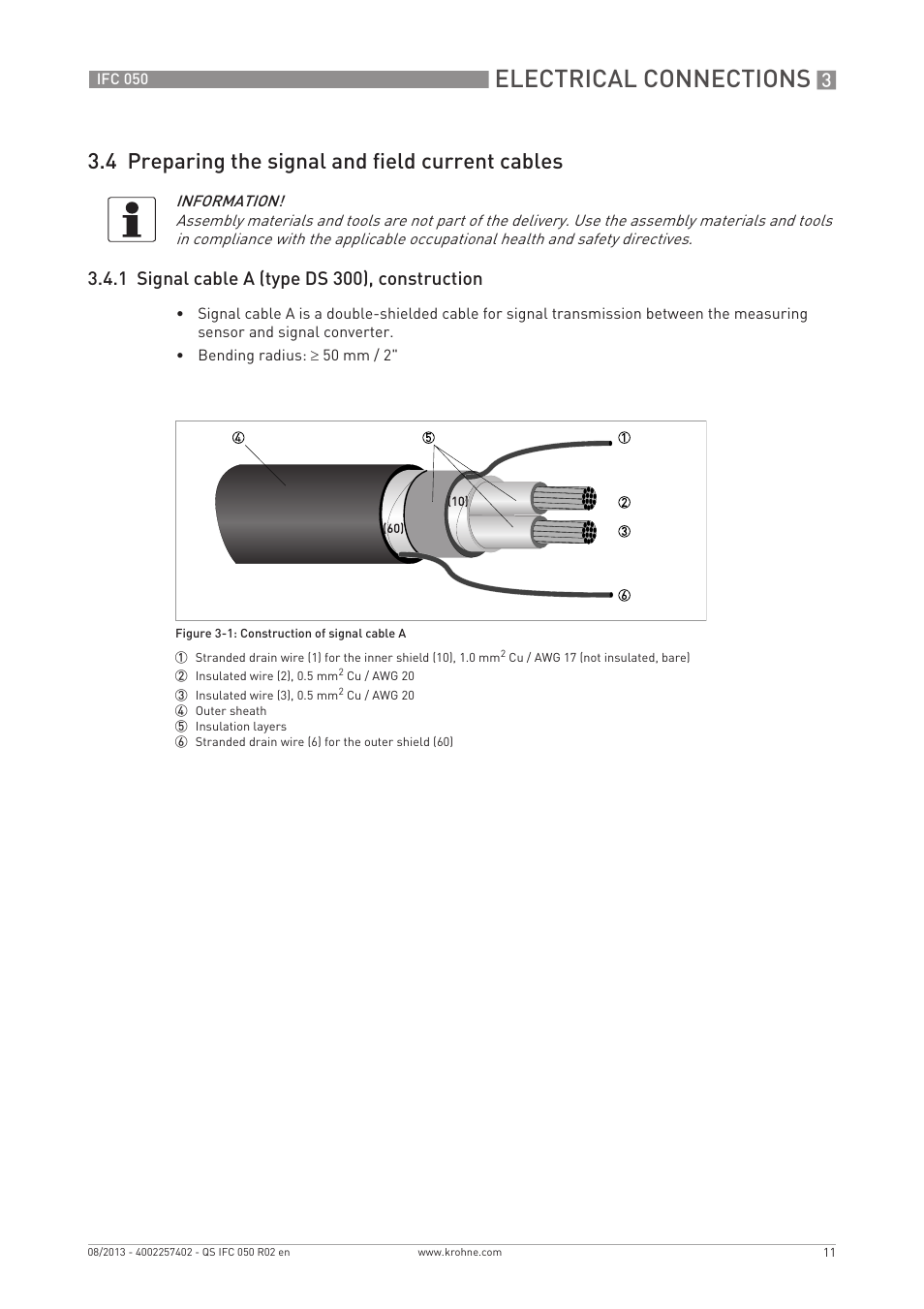 Electrical connections, 4 preparing the signal and field current cables, 1 signal cable a (type ds 300), construction | KROHNE IFC 050 Converter Quickstart EN User Manual | Page 11 / 28