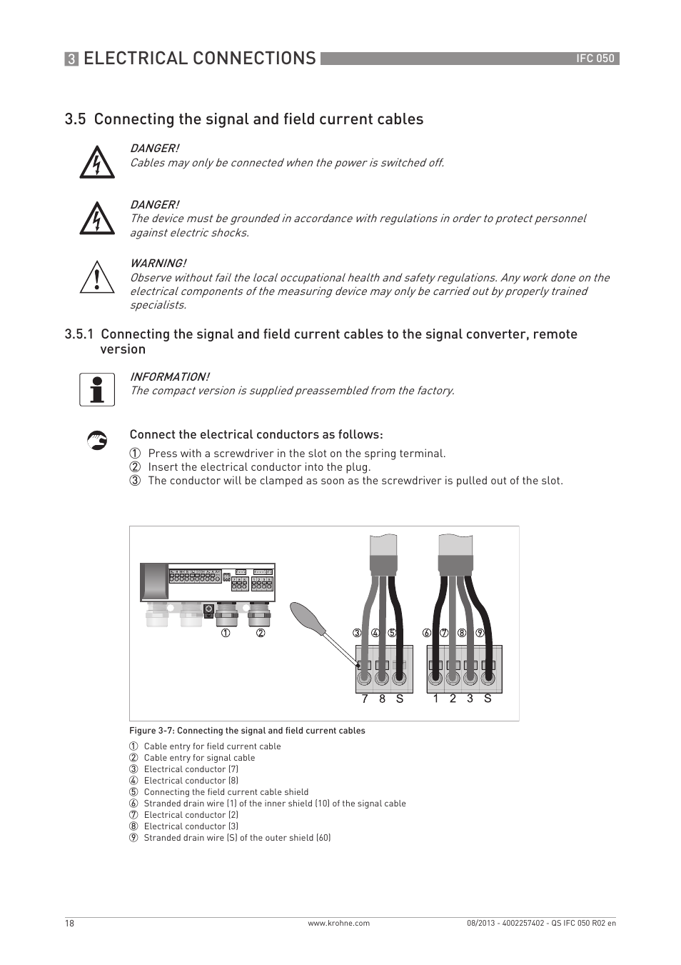 Electrical connections, 5 connecting the signal and field current cables | KROHNE IFC 050 Converter Quickstart EN User Manual | Page 18 / 28
