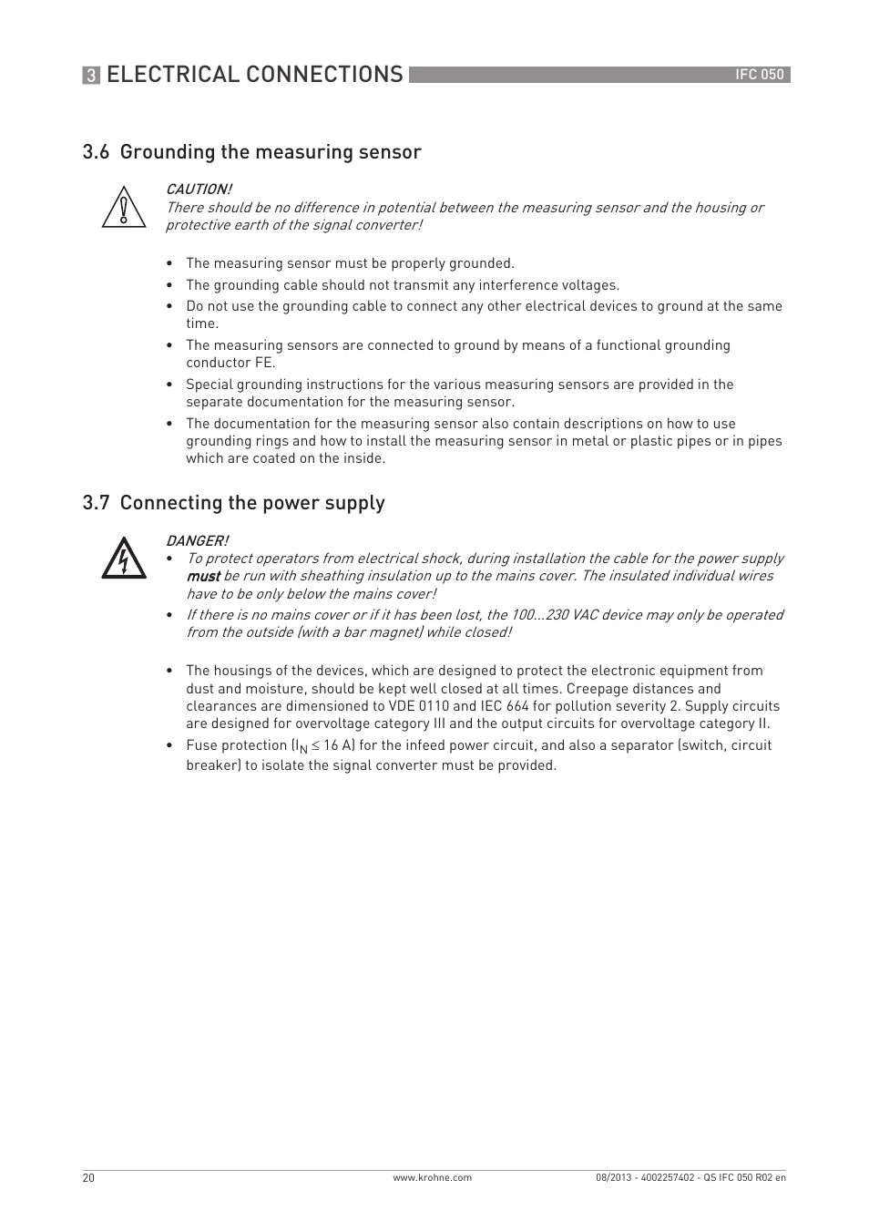 Electrical connections, 6 grounding the measuring sensor, 7 connecting the power supply | KROHNE IFC 050 Converter Quickstart EN User Manual | Page 20 / 28