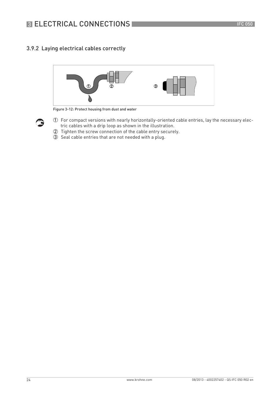 Electrical connections, 2 laying electrical cables correctly | KROHNE IFC 050 Converter Quickstart EN User Manual | Page 24 / 28