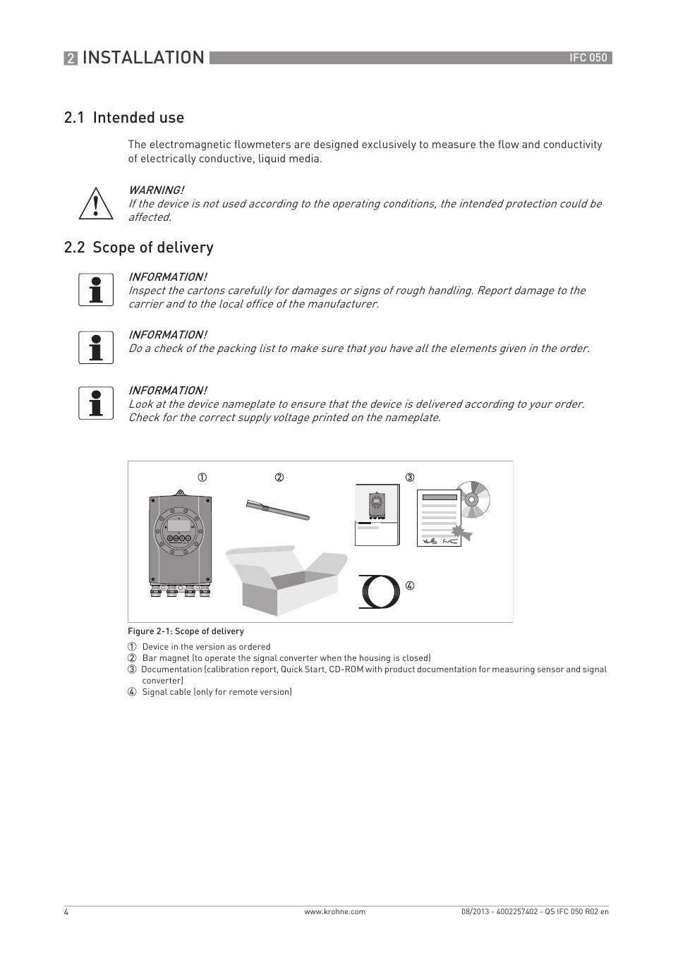 Installation, 1 intended use, 2 scope of delivery | KROHNE IFC 050 Converter Quickstart EN User Manual | Page 4 / 28