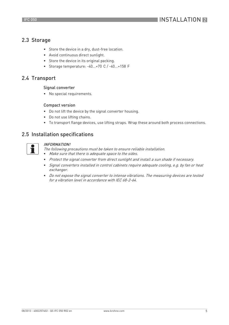 Installation, 3 storage, 4 transport | 5 installation specifications | KROHNE IFC 050 Converter Quickstart EN User Manual | Page 5 / 28
