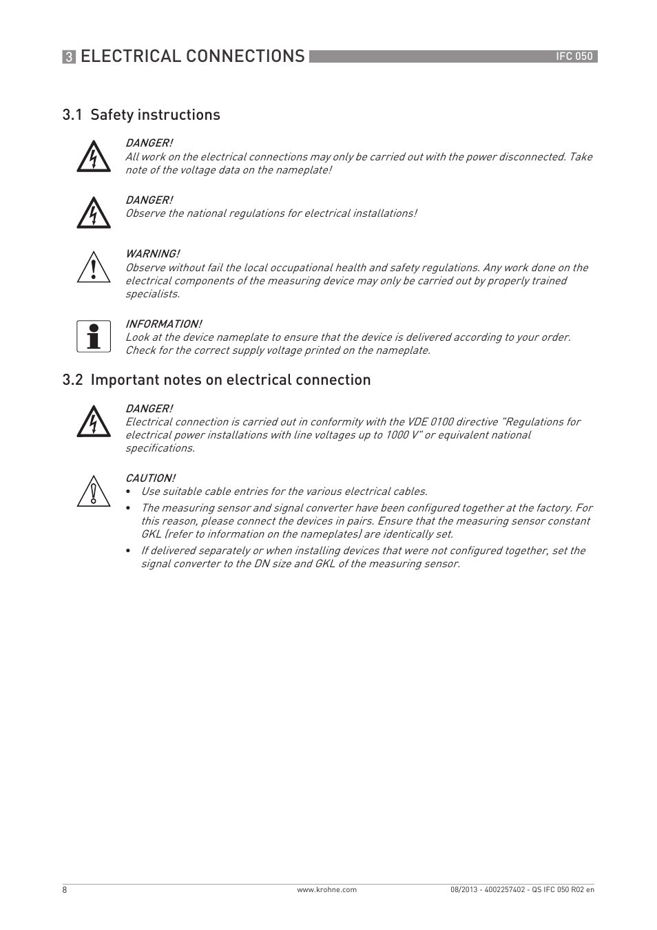 Electrical connections | KROHNE IFC 050 Converter Quickstart EN User Manual | Page 8 / 28