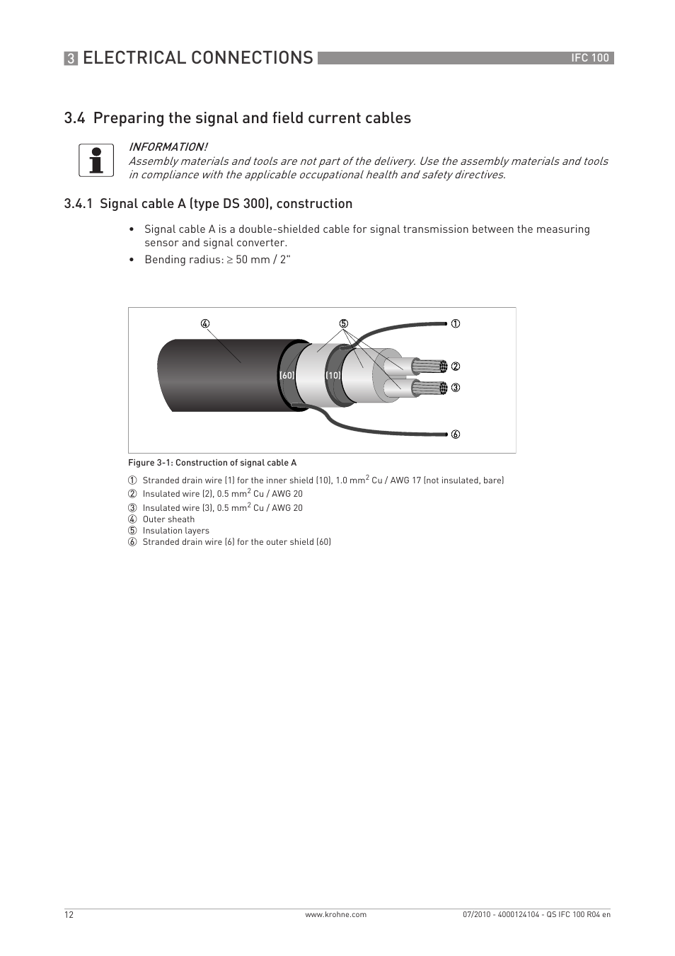 Electrical connections, 4 preparing the signal and field current cables, 1 signal cable a (type ds 300), construction | KROHNE IFC 100 Converter Quickstart EN User Manual | Page 12 / 32