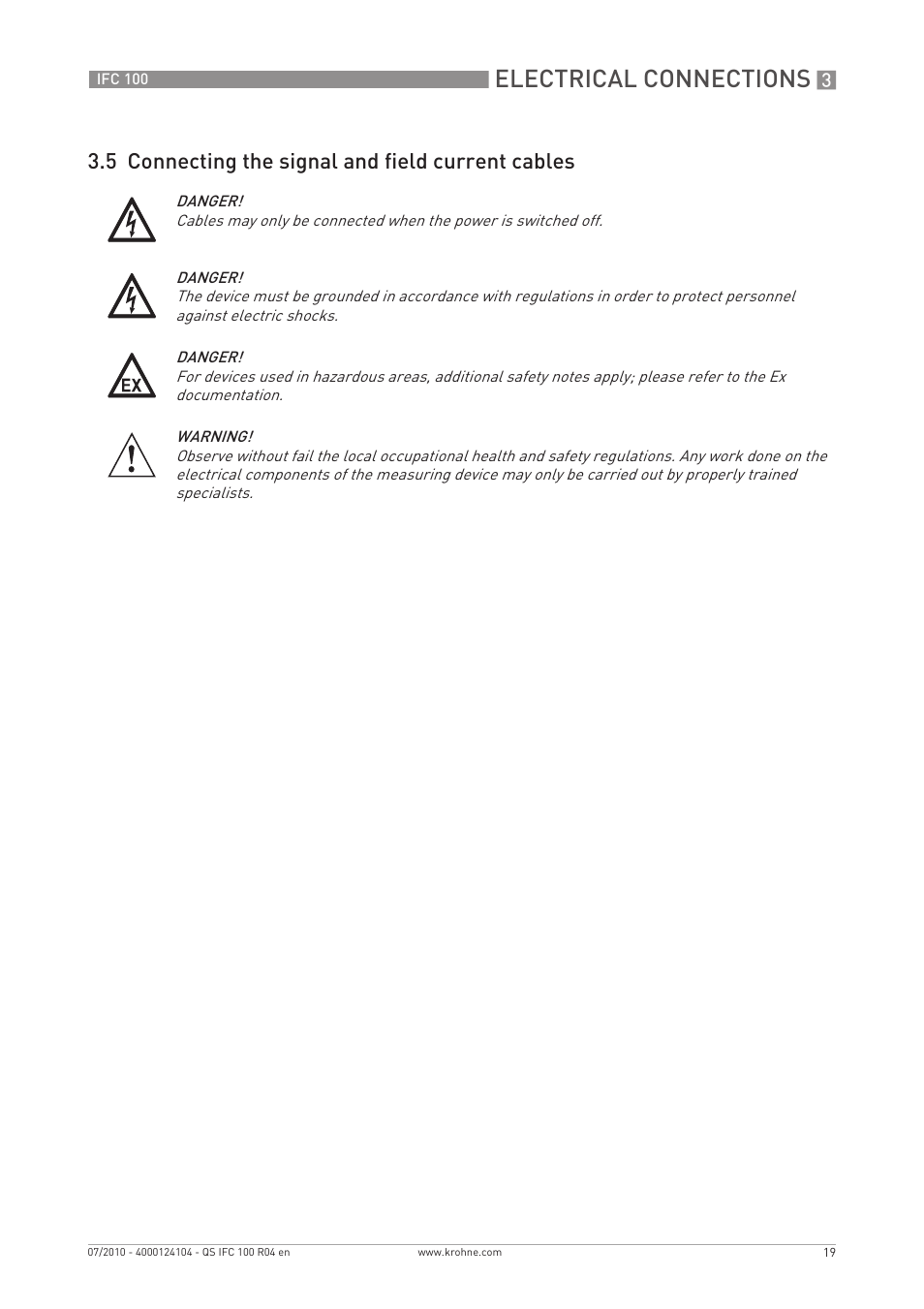 Electrical connections, 5 connecting the signal and field current cables | KROHNE IFC 100 Converter Quickstart EN User Manual | Page 19 / 32