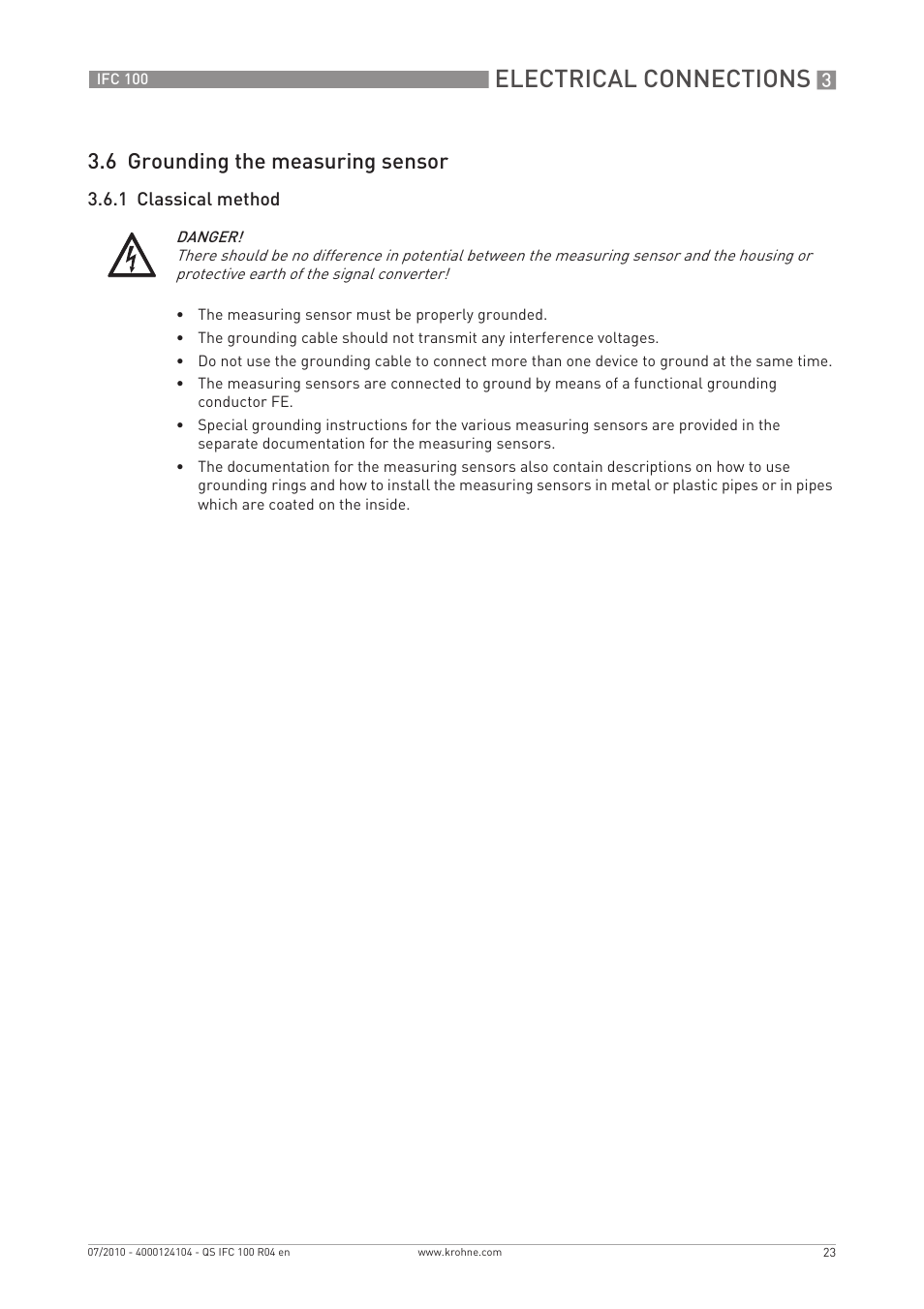 Electrical connections, 6 grounding the measuring sensor | KROHNE IFC 100 Converter Quickstart EN User Manual | Page 23 / 32