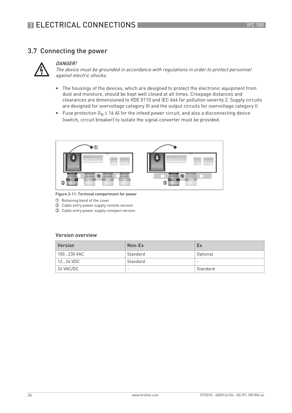 Electrical connections, 7 connecting the power | KROHNE IFC 100 Converter Quickstart EN User Manual | Page 24 / 32