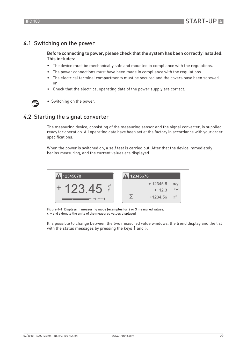 Start-up, 1 switching on the power, 2 starting the signal converter | KROHNE IFC 100 Converter Quickstart EN User Manual | Page 29 / 32