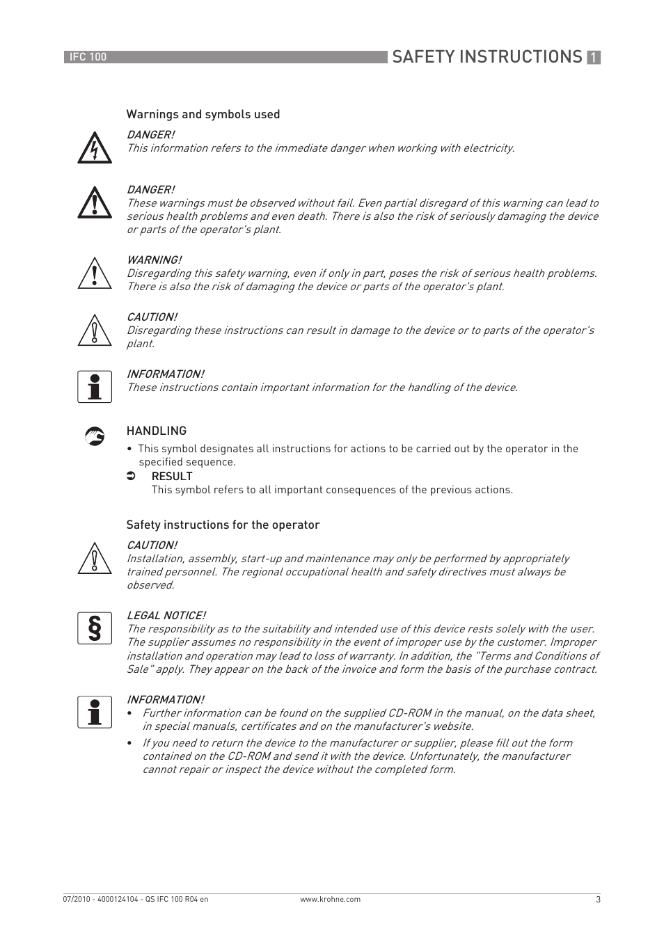 Safety instructions | KROHNE IFC 100 Converter Quickstart EN User Manual | Page 3 / 32