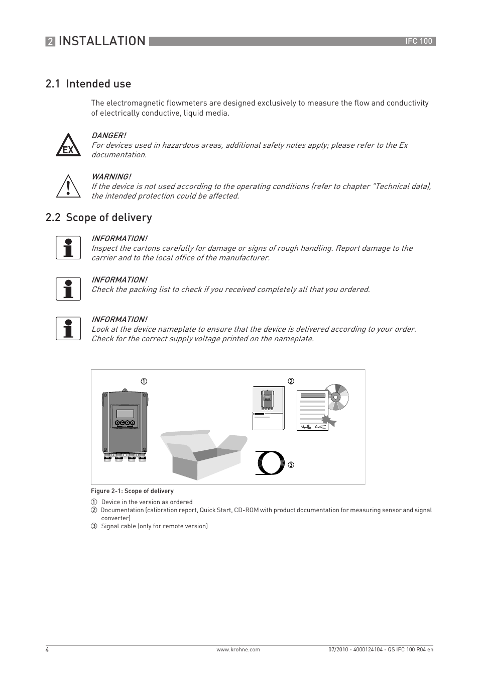 Installation, 1 intended use, 2 scope of delivery | KROHNE IFC 100 Converter Quickstart EN User Manual | Page 4 / 32