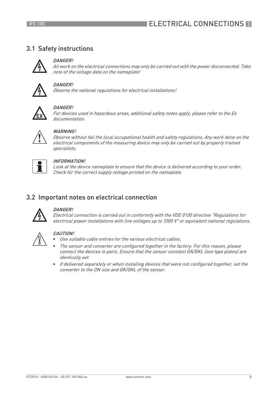 Electrical connections | KROHNE IFC 100 Converter Quickstart EN User Manual | Page 9 / 32