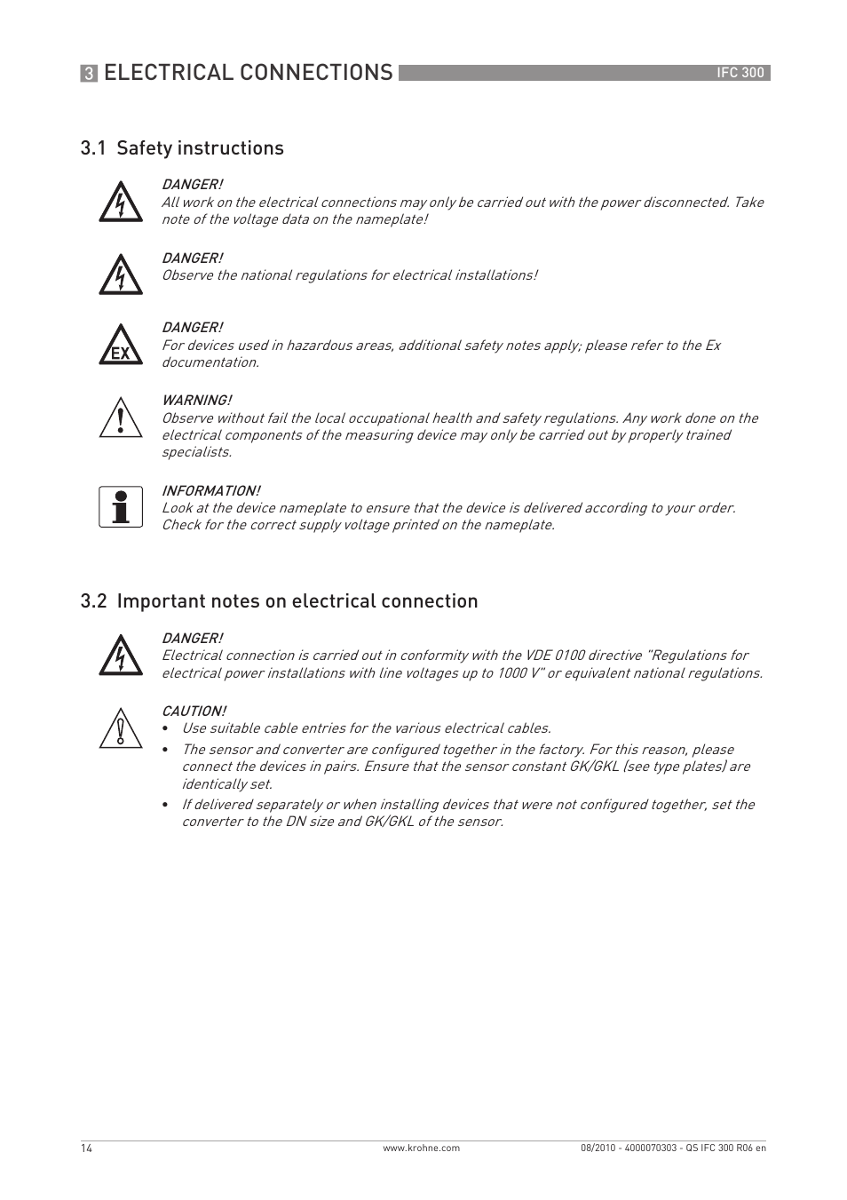 Electrical connections | KROHNE IFC 300 Converter Quickstart EN User Manual | Page 14 / 68