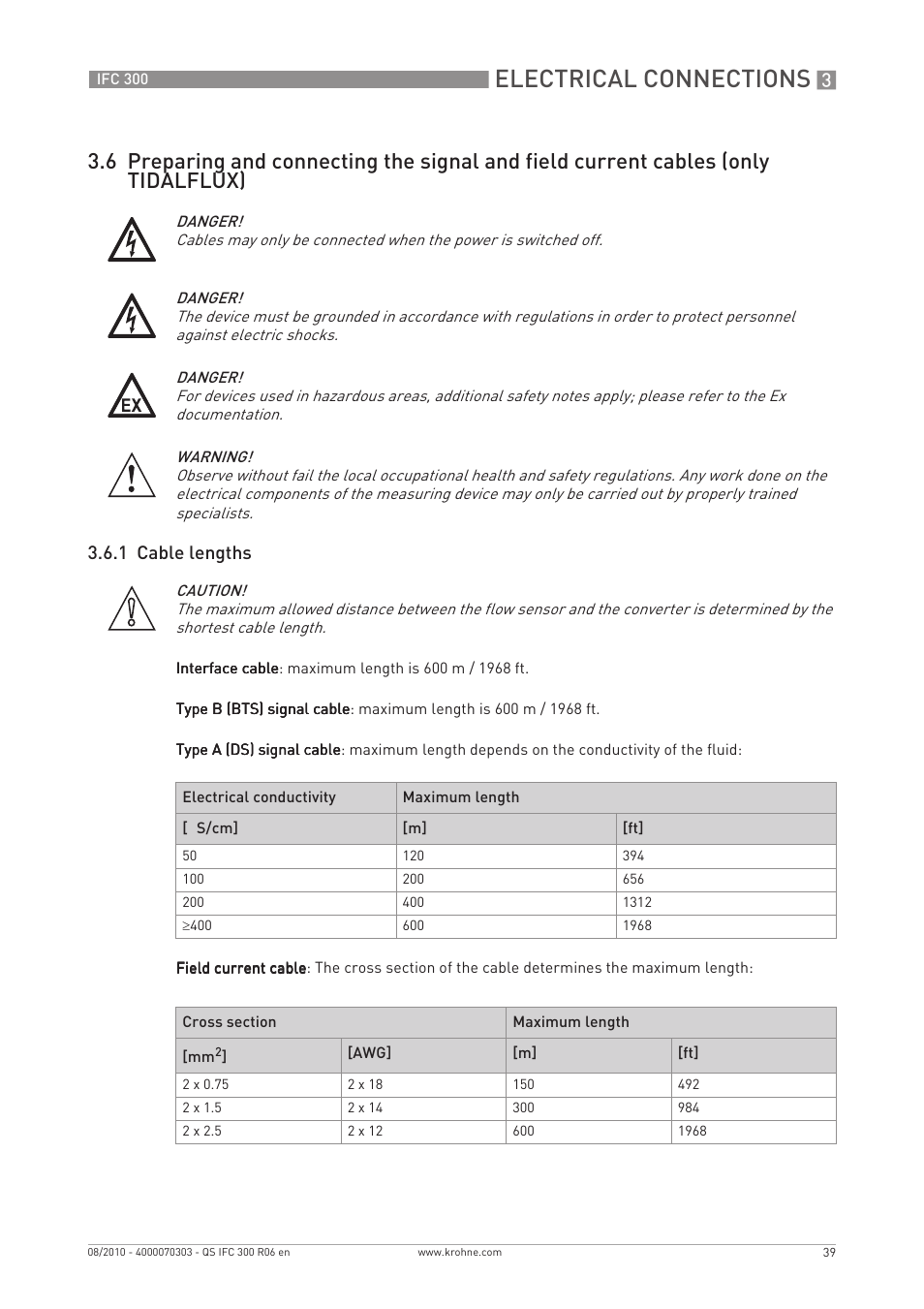 Electrical connections, 1 cable lengths | KROHNE IFC 300 Converter Quickstart EN User Manual | Page 39 / 68