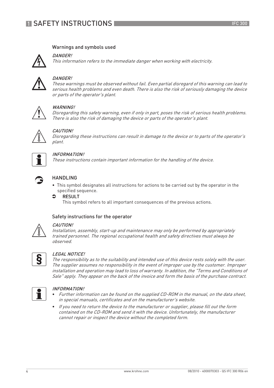 Safety instructions | KROHNE IFC 300 Converter Quickstart EN User Manual | Page 4 / 68