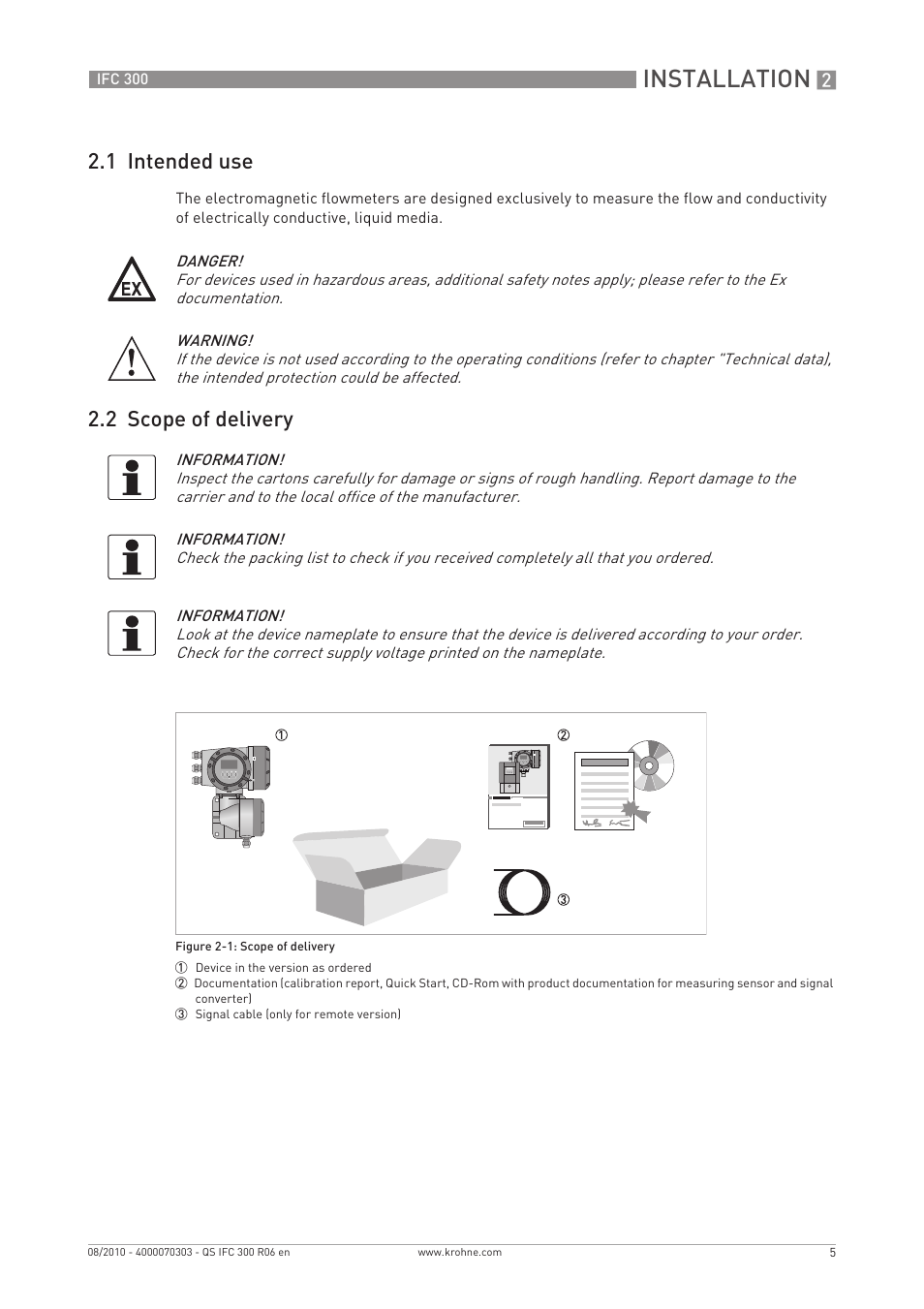 Installation, 1 intended use, 2 scope of delivery | KROHNE IFC 300 Converter Quickstart EN User Manual | Page 5 / 68